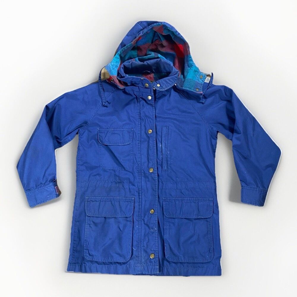 Vtg 80s Eddie Bauer Wool Lined Hooded Navy Barn Jacket Women’s Sz S Made In USA